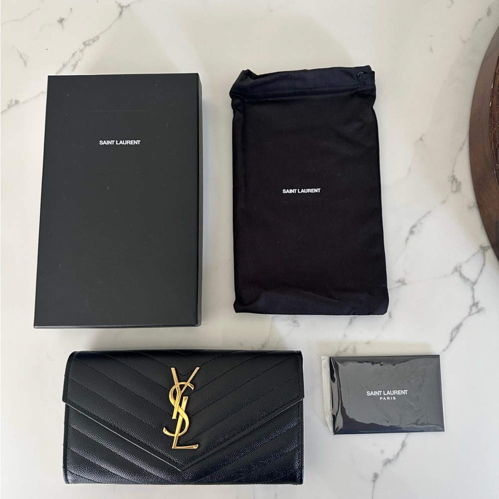 Saint Laurent Black Quilted Leather wallet Gold YSL Logo